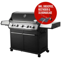 SANTOS S-518 Mit Seiten- Und Heckbrenner, Schwarz, Inkl. Drehspieß, Rostheber & Silikonablage & Graviertes ZWILLING Pro Messer -GrillLust Verkaufsgeschäft 71d26fd2b3ce7faee2ba72a6d384244c